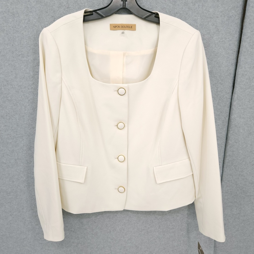 Nipon Boutique Jacket Button Up Scoop Neck Ivory Suit Blazer Womens Size 14 READ